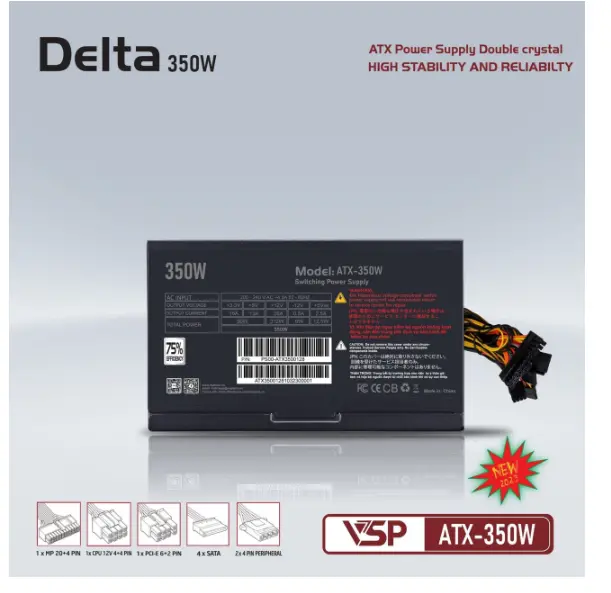 Nguồn VSP CST Delta P350W Chính hãng FV (4+4pin, 6+2pin, Dây dài, Kèm dây nguồn)