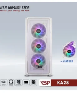 Case VSP KA28 White (367x216x465mm, Mặt trước lưới, Hông kính cường lực, Fan đuôi 1x120mm đã kèm, Fan trước 3x120mm đã kèm, Fan trên 2x120mm ko kèm, 1xUSB3.0, 2xUSB2.0, 2xHDD, 2xSSD, Tản nước 120/240/360mm ko kèm, Nguồn dưới dây dài)(THAY THẾ CHO VSP KA27, KA29 White) FV