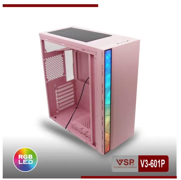 Case VSP V3-601P Pink (370x196x432mm, Dãy LED RGB, Hông trong suốt, Fan đuôi 1x120mm ko kèm, Fan trước 2x120mm ko kèm, 1xUSB3.0, 1xUSB2.0, 2xHDD, 2xSSD, Nguồn trên dây dài)(THAY THẾ CHO 603P Pink) FV