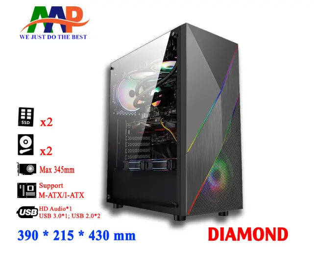 Case AAP DIAMOND (390x215x430mm, Dãy LED RGB, Hông kính cường lực, Fan đuôi 1x120mm ko kèm, Fan trước 3x120mm ko kèm, Fan trên 2x120mm ko kèm, 1xUSB3.0, 2xUSB2.0, 2xHDD, 2xSSD, Tản nước 120/240mm ko kèm, Nguồn dưới dây dài)