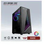 Case VSP KA33 Black (362x185x410mm, Mặt trước sẵn led RGB, Hông kính cường lực, Fan đuôi 1x120mm ko kèm, Fan trước 3x120mm ko kèm, Fan trên 2x120mm ko kèm, 1xUSB3.0, 2xUSB2.0, 2xHDD, 2xSSD, Tản nước 120/240mm ko kèm, Nguồn dưới dây dài) FV