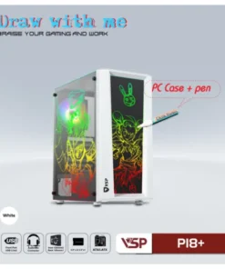 Case VSP P18+ White Kèm bút vẽ (352x188x432mm, Hông kính cường lực, Fan đuôi 1x120mm ko kèm, Fan trước 3x120mm ko kèm, Fan trên 2x120mm ko kèm, 1xUSB3.0, 2xUSB2.0, 2xHDD, 2xSSD, Tản nước 120/240mm ko kèm, Nguồn dưới dây dài)