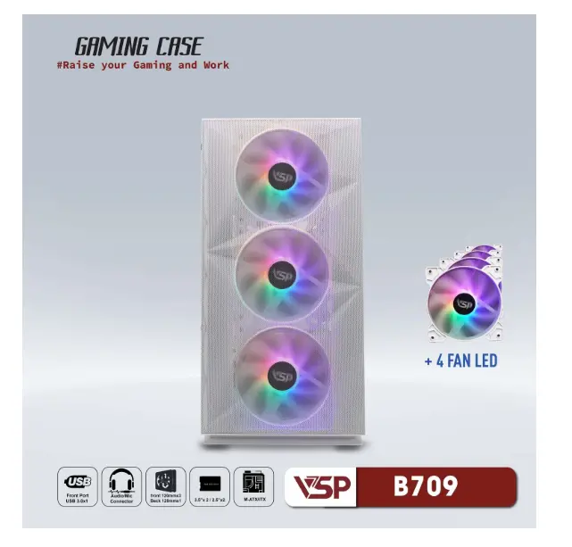 Case VSP B709 White (453x260x425mm, Hông kính cường lực, Fan đuôi 1x120mm đã kèm, Fan trước 3x120mm đã kèm, 1xUSB3.0, 2xUSB2.0, 1xHDD, 2xSDD, Nguồn dưới dây dài)