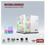 Case VSP V300 White (350x275x304mm, Hông trong suốt, Fan đuôi 1x120mm đã kèm, Fan trước 2x120mm đã kèm, Fan trên 2x120mm ko kèm, 1xUSB3.0, 2xUSB2.0, 2xHDD, 3xSDD, Nguồn dưới dây dài)