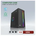 Case VSP V206 Mini Black (305X170X350mm, Dãy Led RGB, Fan đuôi 1x80mm ko kèm, Fan hông 1x120mm ko kèm, 1xUSB3.0, 2xUSB2.0, 1xHDD, 1xSSD, Nguồn trên dây ngắn) FV