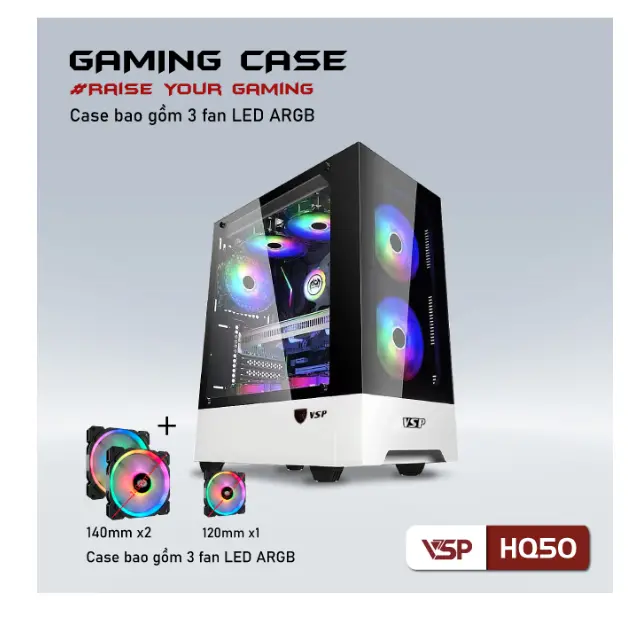 Case VSPTECH HQ50 White FV(512x227x444mm, Hông kính cường lực, Fan đuôi 1x120mm đã kèm , Fan trước 2x140mm đã kèm, Fan trên 2x120mm ko kèm, Fan dưới 2x120mm ko kèm, 1xUSB3.0, 2xUSB2.0, 2xHDD, 2xSSD, Nguồn dưới) + Kèm 3 Fan LED ARGB (Liên hệ nhân viên kinh doanh để được giá tốt hơn)