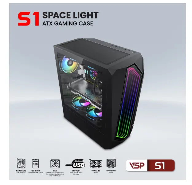 Case VSP S1 ATX LED ARGB Black (380X210X445mm, Dãy Led RGB, Fan trước 3x120mm/2x140mm, Fan đuôi 1x120mm ko kèm, Fan trên 2x120mm/2X140mm ko kèm, 1xUSB3.0, 2xUSB2.0, 2xHDD, 2xSSD, Nguồn dưới)(Liên hệ nhân viên kinh doanh để được giá tốt hơn)