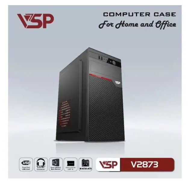 Case VSP 28XX-2873 Black (290x170x350mm, Fan đuôi 1x80mm ko kèm, Fan hông 1x120mm ko kèm, 2xUSB2.0, 1xHDD, 1xSSD, Nguồn trên dây ngắn) FV