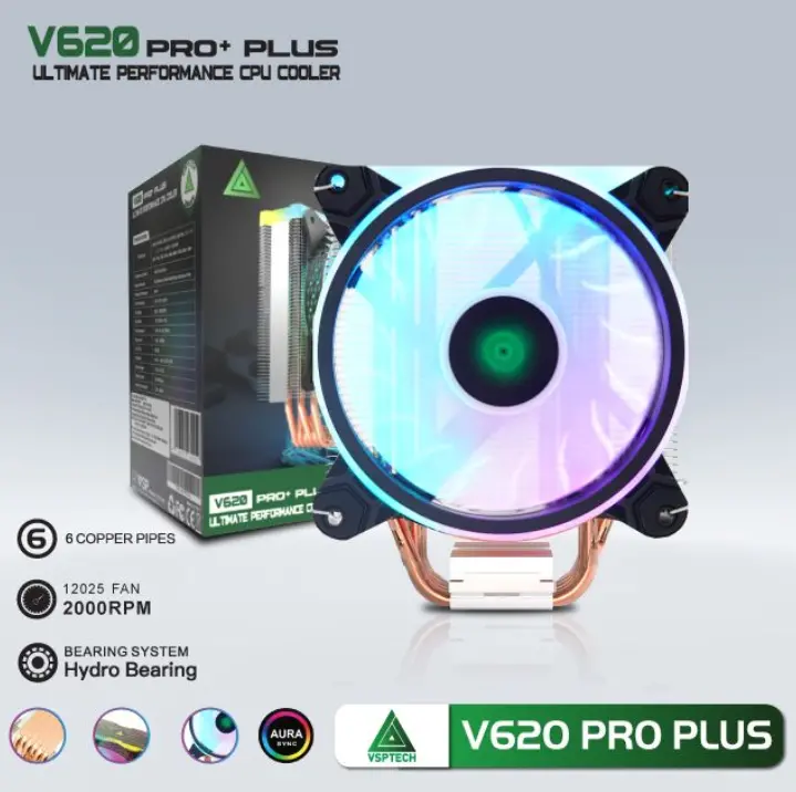 Tản nhiệt khí CPU 6 ống đồng VSP Cooler V620 PRO PLUS LED ARGB 1 fan 12cm Black (115x/1200/1366/1700/2011/AM3/AM4/AM5)
