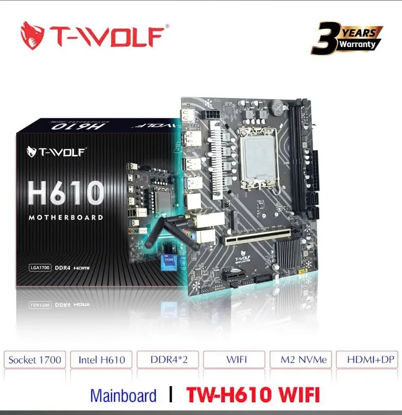 Mainboard SK 1700 v1 T-WOLF H610 WIFI Chính hãng (1xHDMI, 1xDP, 1xM.2 NVMe, WIFI 802.11AC+ BLUETOOTH 4.2, LAN 1000Mpbs, 2 khe RAM DDR4, mATX) + Tặng Mouse