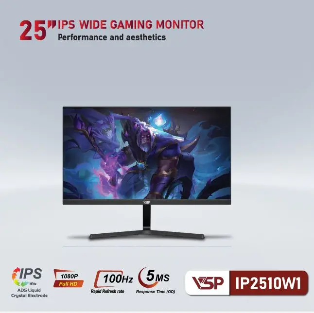 LCD VSP 25'' IP2510W1 Black Chính hãng FV (IPS, VGA, HDMI, 1920x1080, 100Hz, 3 cạnh viền mỏng, Kèm cáp HDMI, Treo tường) Tặng Mouse Q1 FV